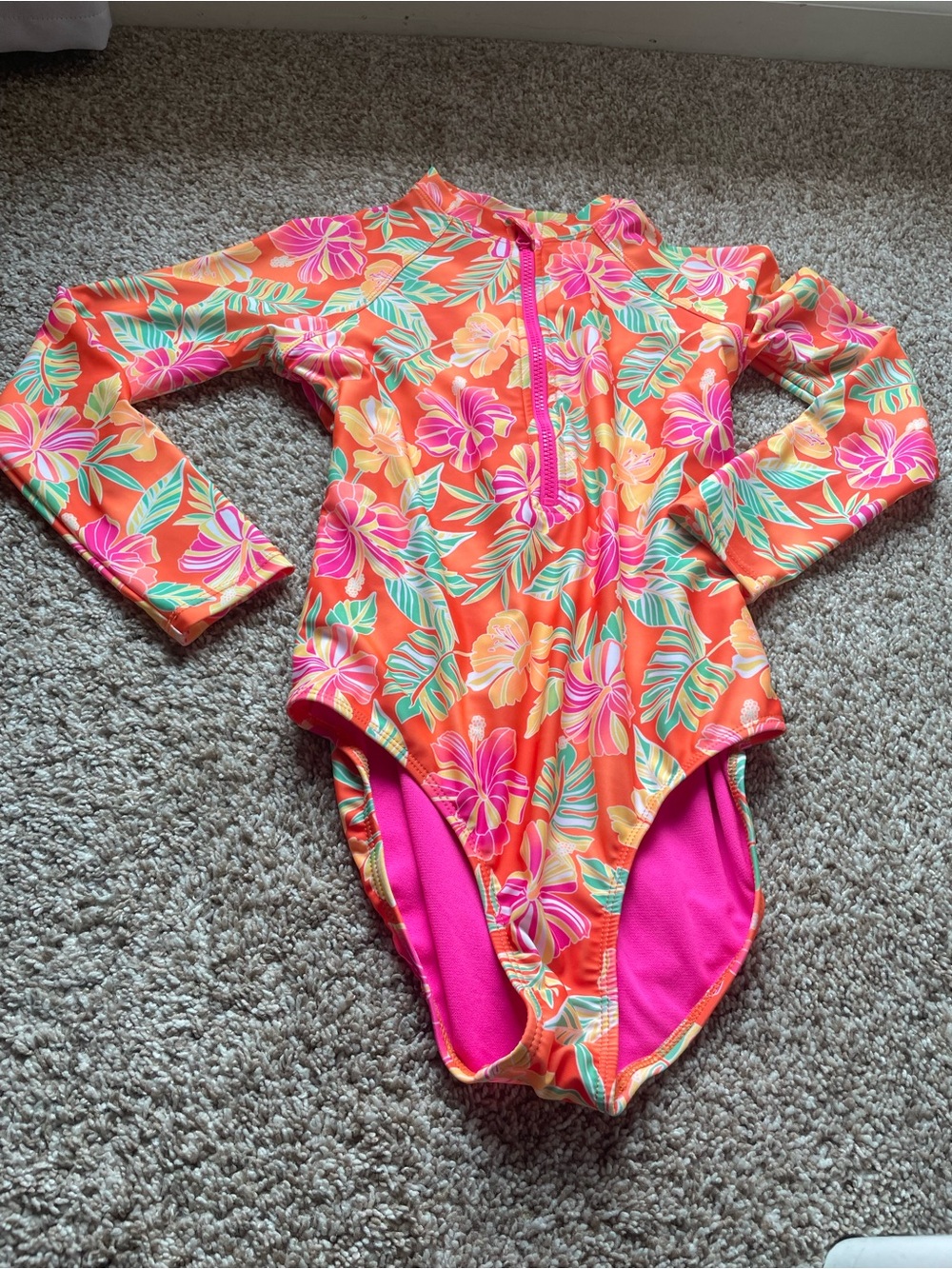 wonder nation Orange Floral Long-Sleeve Kids Swim Rashguard